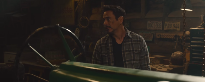 Avengers Age of Ultron Tony Stark Talks to Nick Fury in Barn